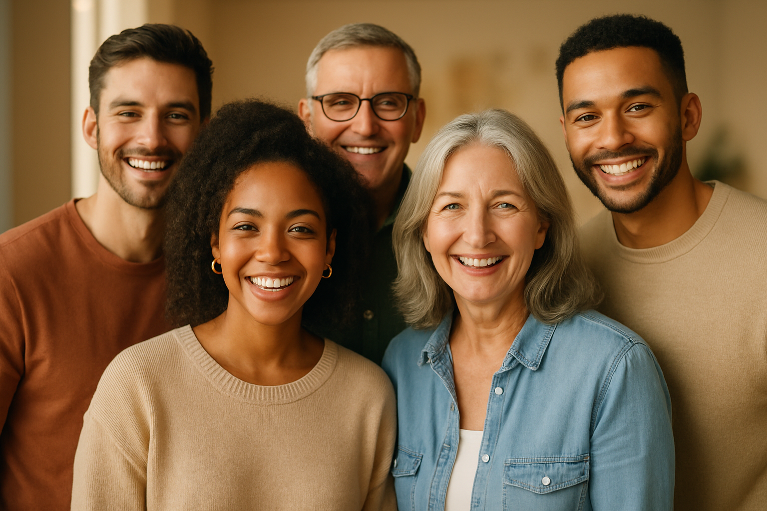 attractive group of people being happy standing for a picture all looking at camera